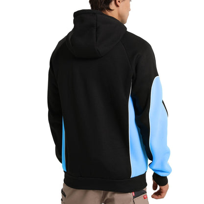"Panel Full Zip Hoodie Jumper in Black with Aqua Blue, Contrast Sleeve, model back – Big Bee Workwear"