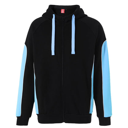 "Panel Full Zip Hoodie Jumper in Black with Aqua Blue, Contrast Sleeve, front – Big Bee Workwear"