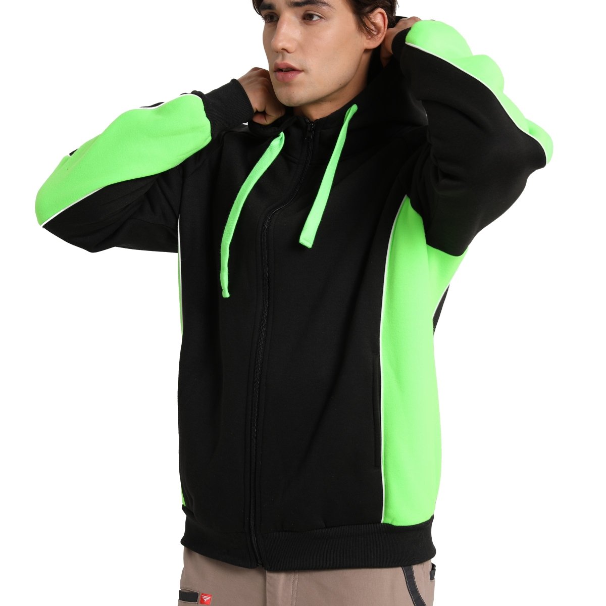 "Panel Full Zip Hoodie Jumper in Black with green lime, Contrast Sleeve, model side – Big Bee Workwear"