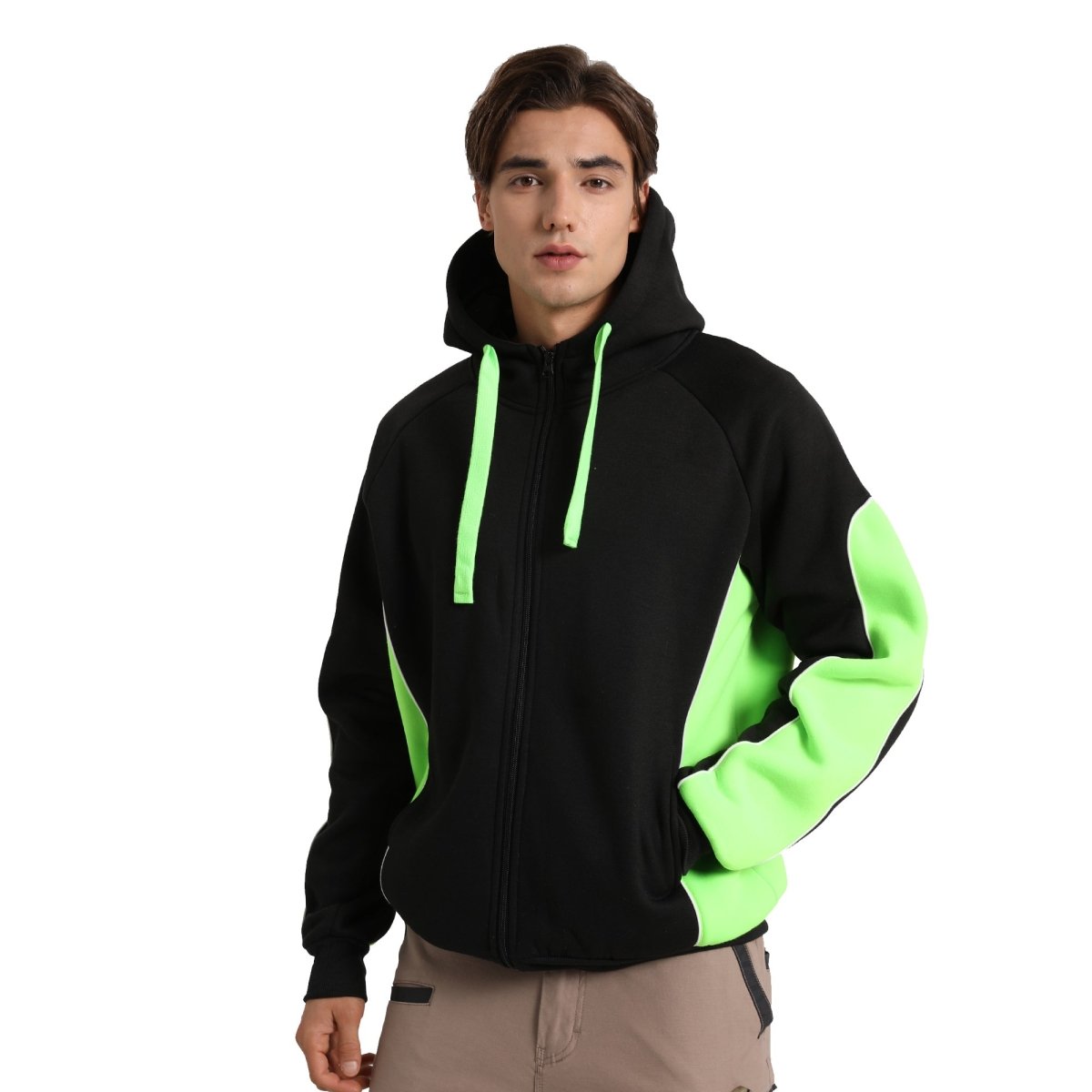 "Panel Full Zip Hoodie Jumper in Black with green lime, Contrast Sleeve, model posed – Big Bee Workwear"