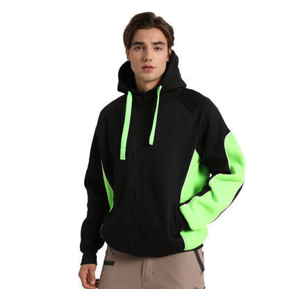 "Panel Full Zip Hoodie Jumper in Black with green lime, Contrast Sleeve, model posed – Big Bee Workwear"