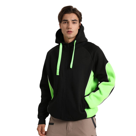 "Panel Full Zip Hoodie Jumper in Black with green lime, Contrast Sleeve, model posed – Big Bee Workwear"