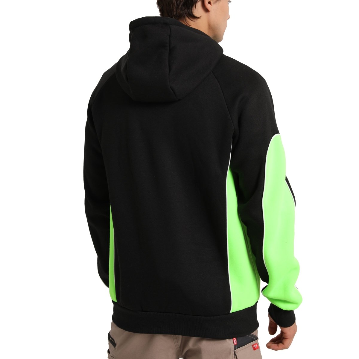 "Panel Full Zip Hoodie Jumper in Black with green lime, Contrast Sleeve, model back – Big Bee Workwear"