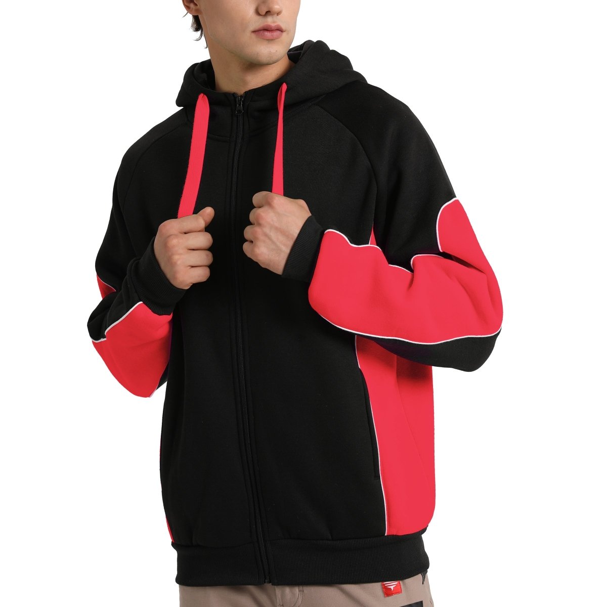 "Panel Full Zip Hoodie Jumper in Black with red, Contrast Sleeve, model front – Big Bee Workwear"