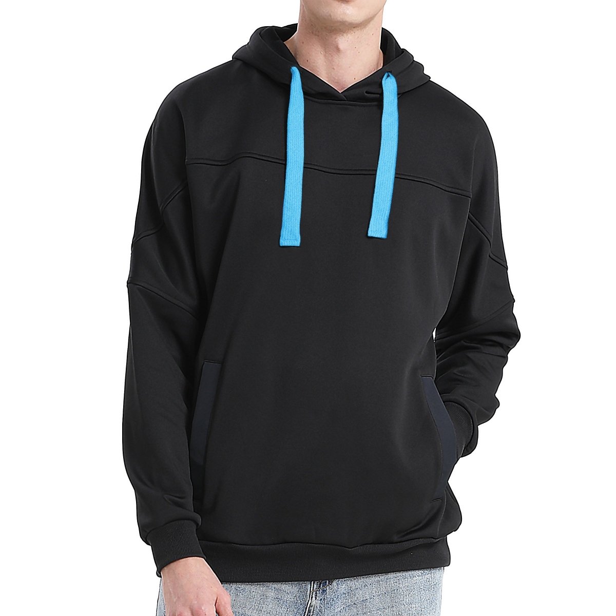 "fly hoodie in Black with Aqua Blue, model front – Big Bee Workwear"