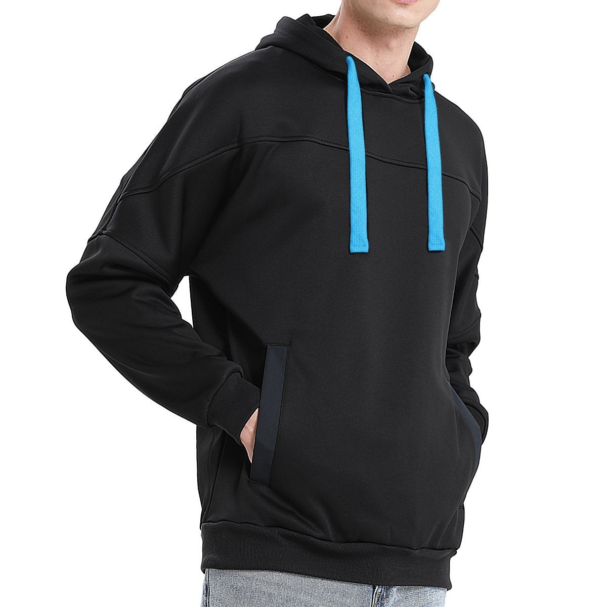 "fly hoodie in Black with Aqua Blue, model side – Big Bee Workwear"