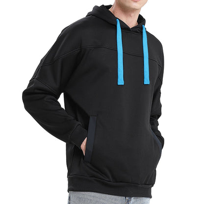 "fly hoodie in Black with Aqua Blue, model side – Big Bee Workwear"