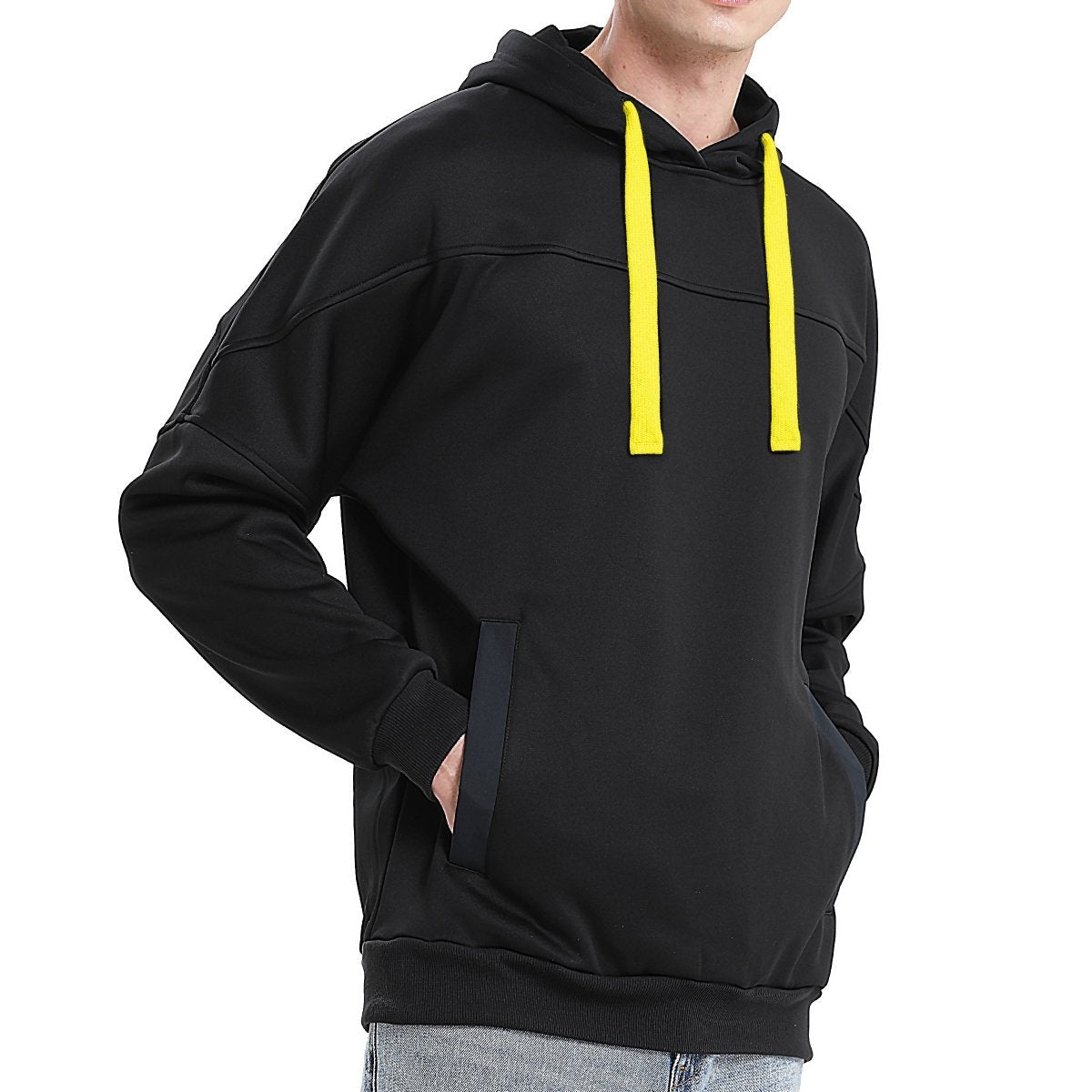 "fly hoodie in Black with yellow, model side – Big Bee Workwear"