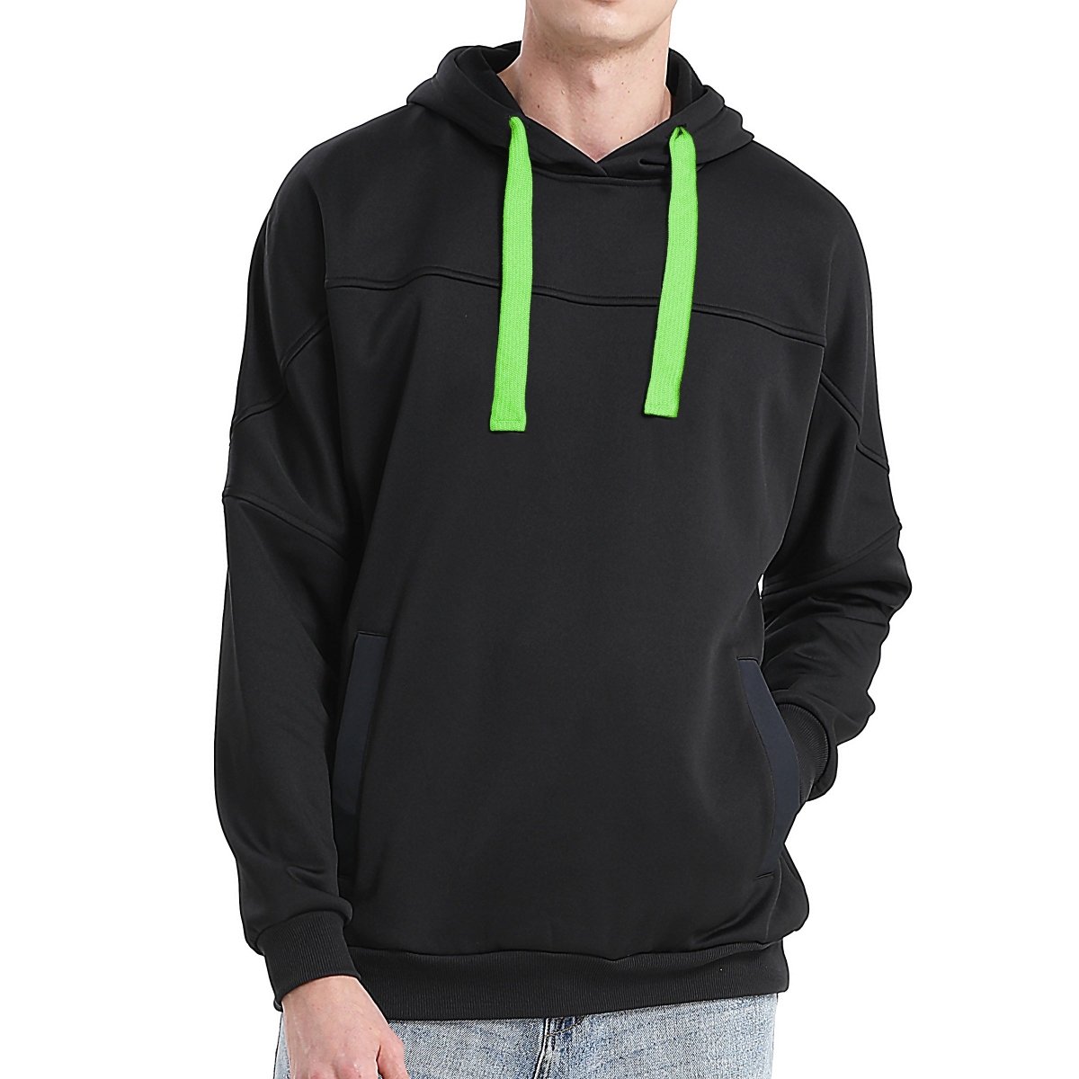 "fly hoodie in Black with green lime, model front – Big Bee Workwear"