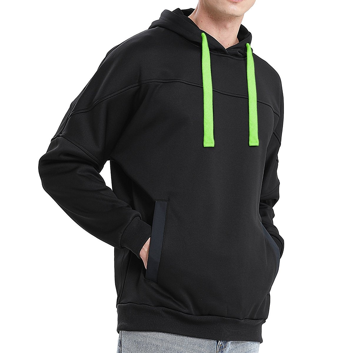 "fly hoodie in Black with green lime, model side – Big Bee Workwear"