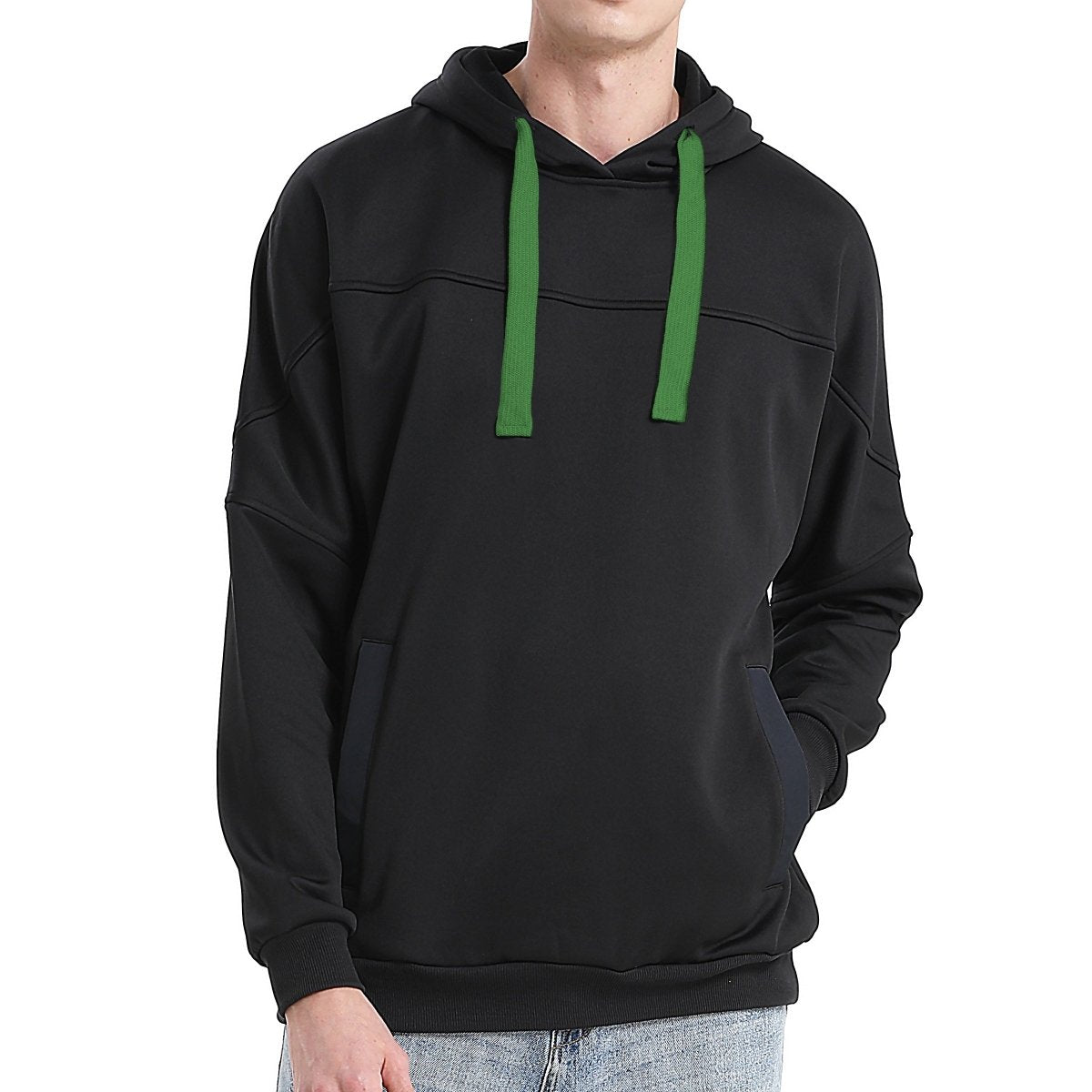 "fly hoodie in Black with green, model front – Big Bee Workwear"
