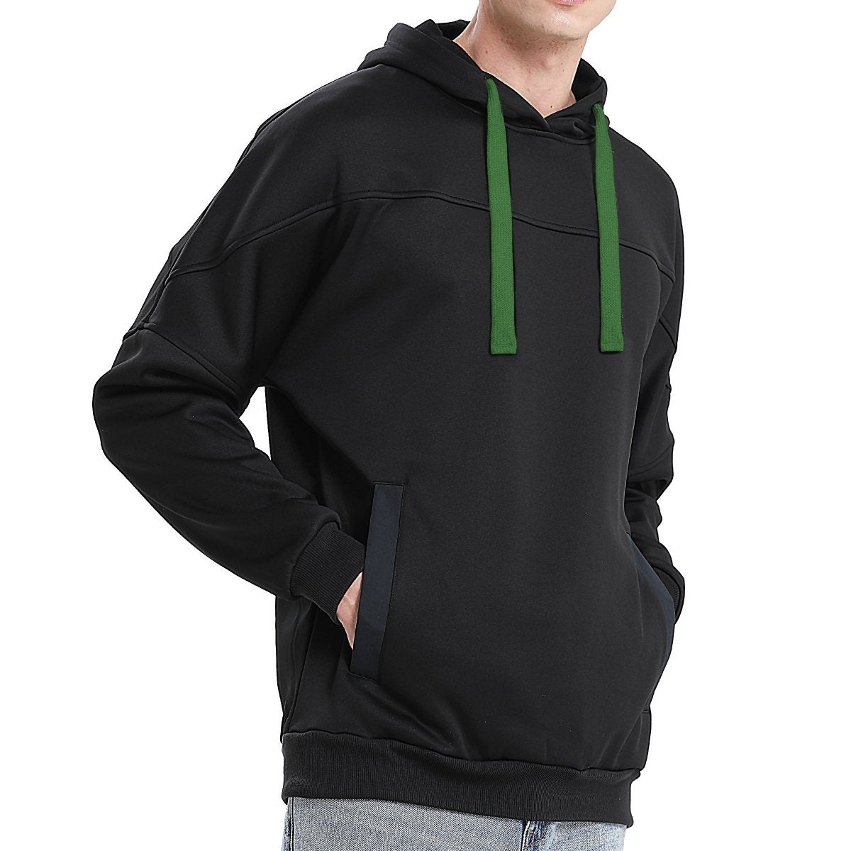 "fly hoodie in Black with green, model side – Big Bee Workwear"