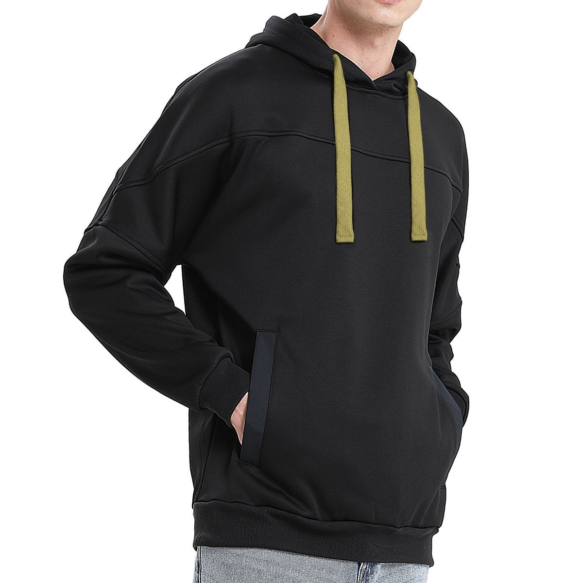 "fly hoodie in Black with green savannah, model side – Big Bee Workwear"