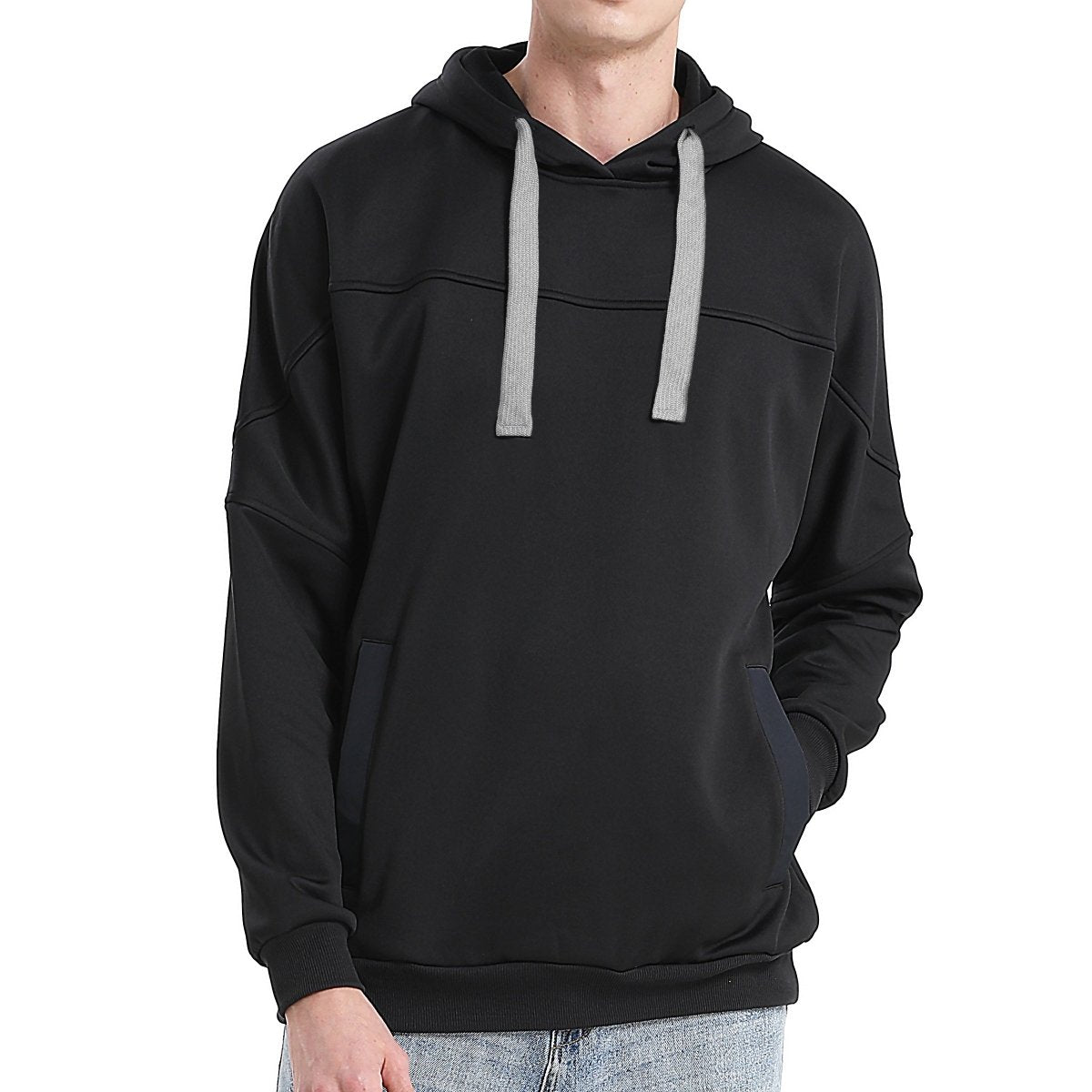"fly hoodie in Black with grey, model front – Big Bee Workwear"