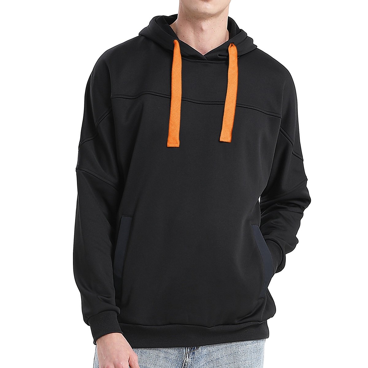 "fly hoodie in Black with orange, model front – Big Bee Workwear"