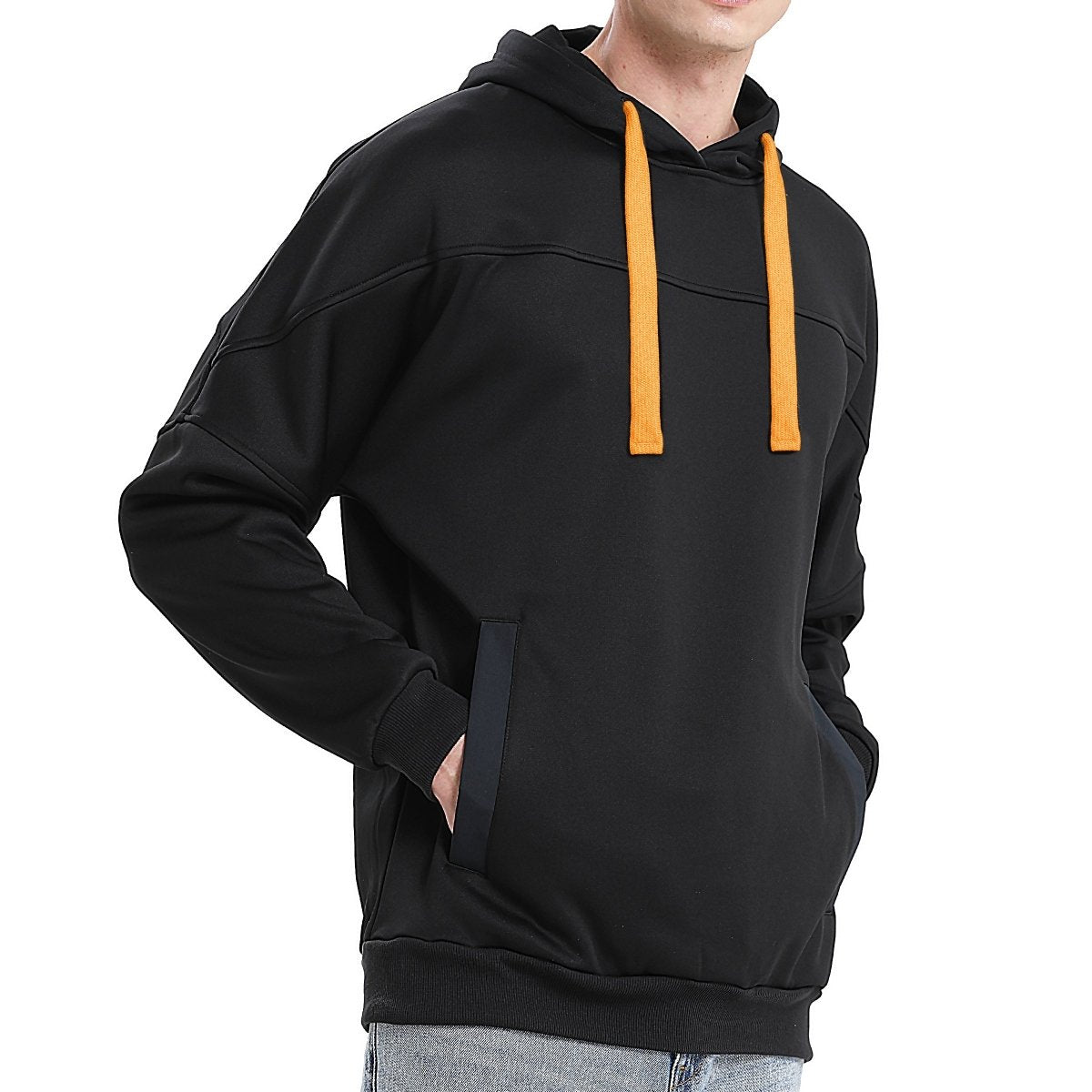 "fly hoodie in Black with orange, model side – Big Bee Workwear"