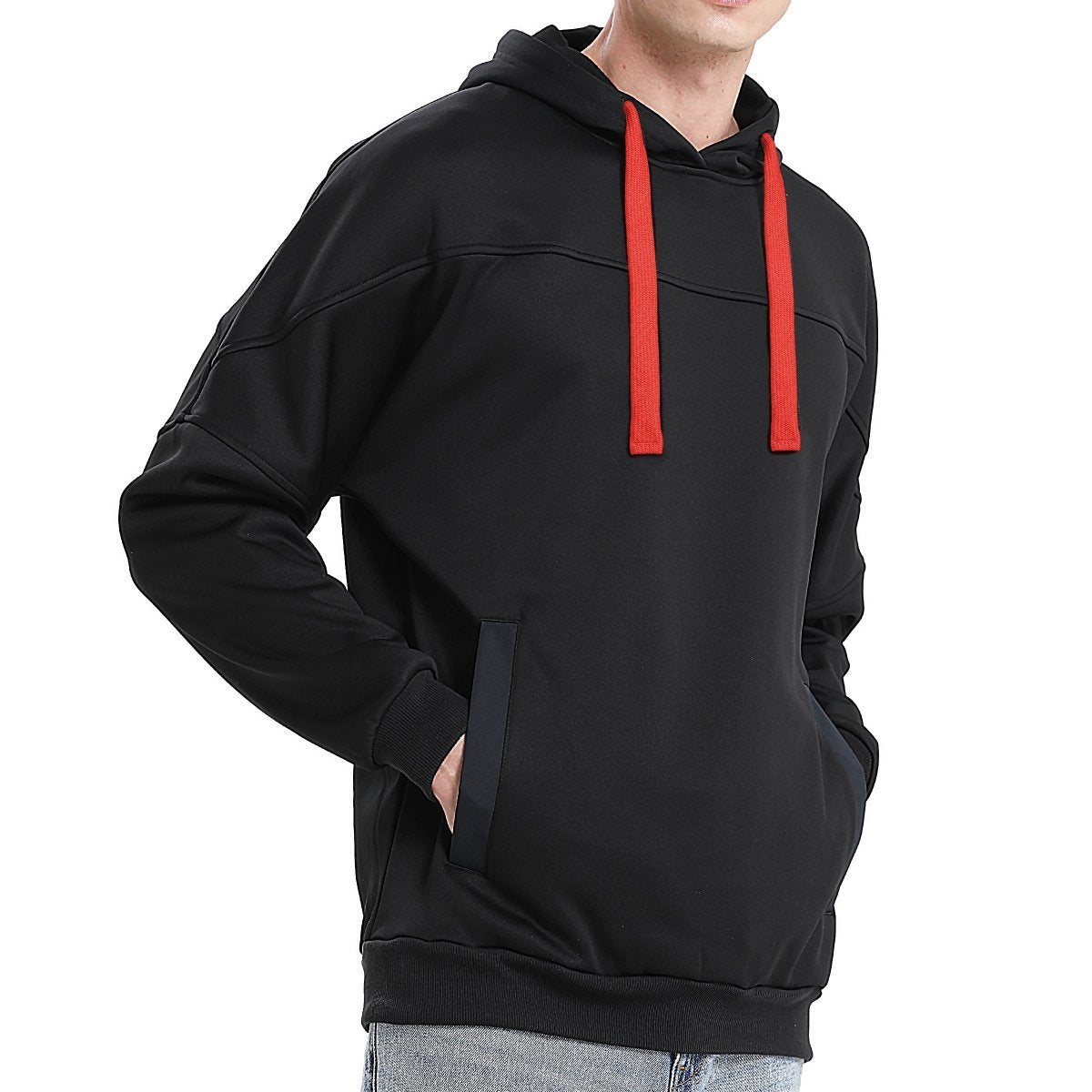 "fly hoodie in Black with red, model side – Big Bee Workwear"