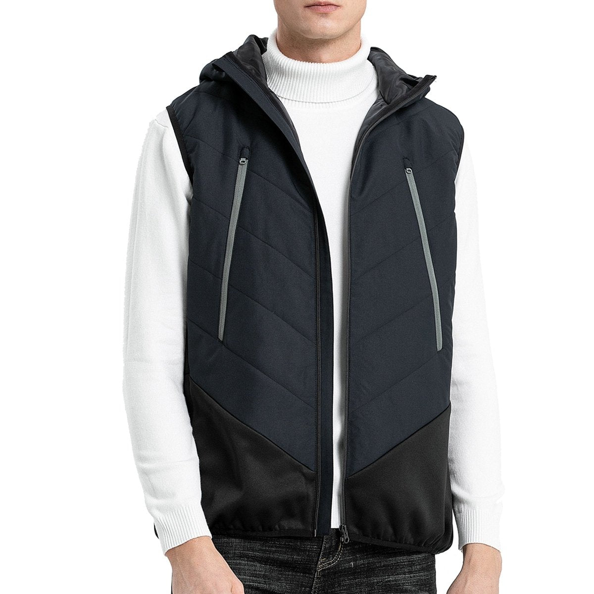 "climb puffer vest in black-blue, model front – ISUSI"