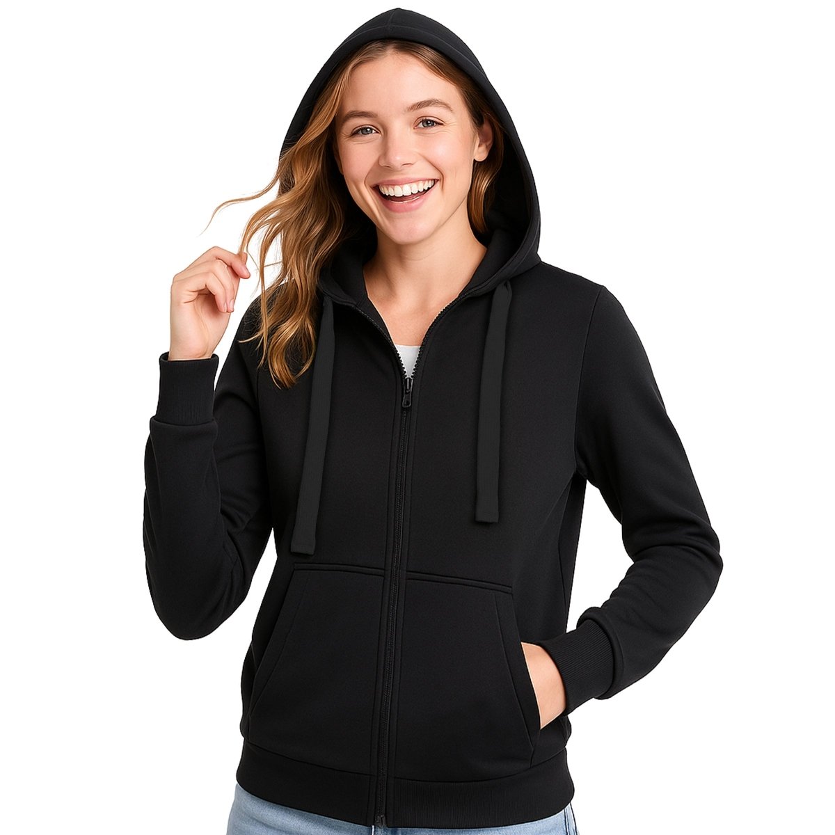 "ladies wonder zip hoodie in black, model front – Big Bee Workwear"