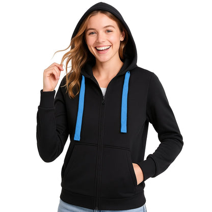 "ladies wonder zip hoodie in Black with Aqua Blue, model front – Big Bee Workwear"