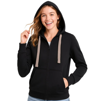 "ladies wonder zip hoodie in Black with gold champagne, model front – Big Bee Workwear"