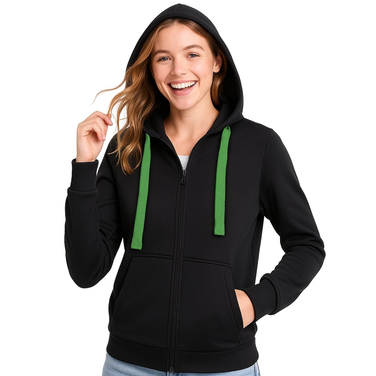 "ladies wonder zip hoodie in Black with green, model front – Big Bee Workwear"
