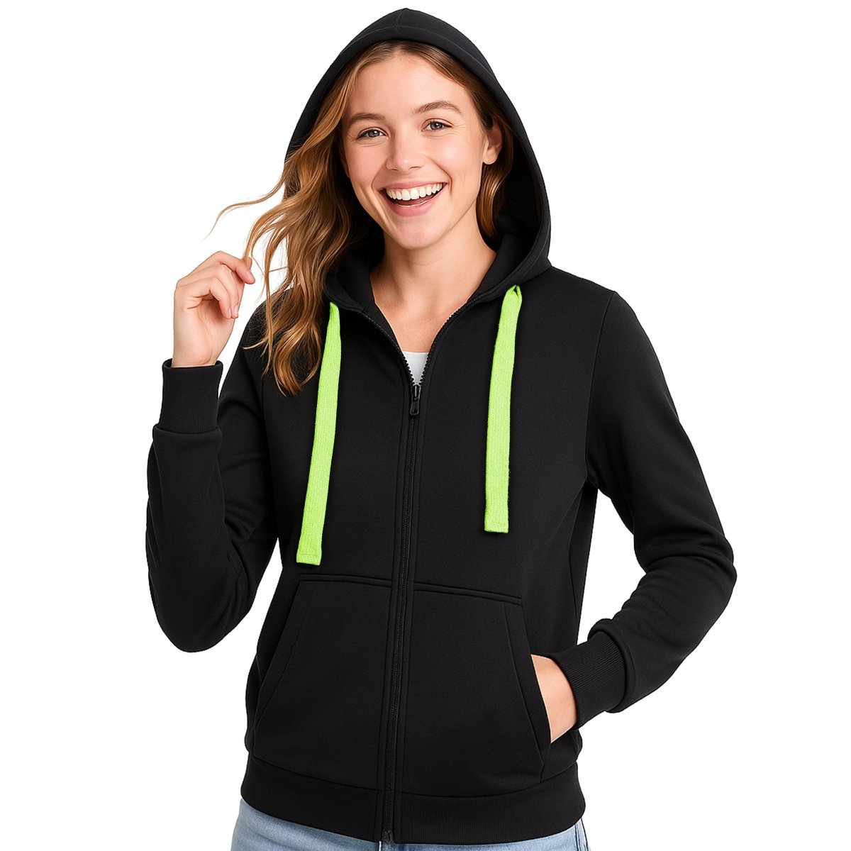 "ladies wonder zip hoodie in Black with green lime, model front – Big Bee Workwear"