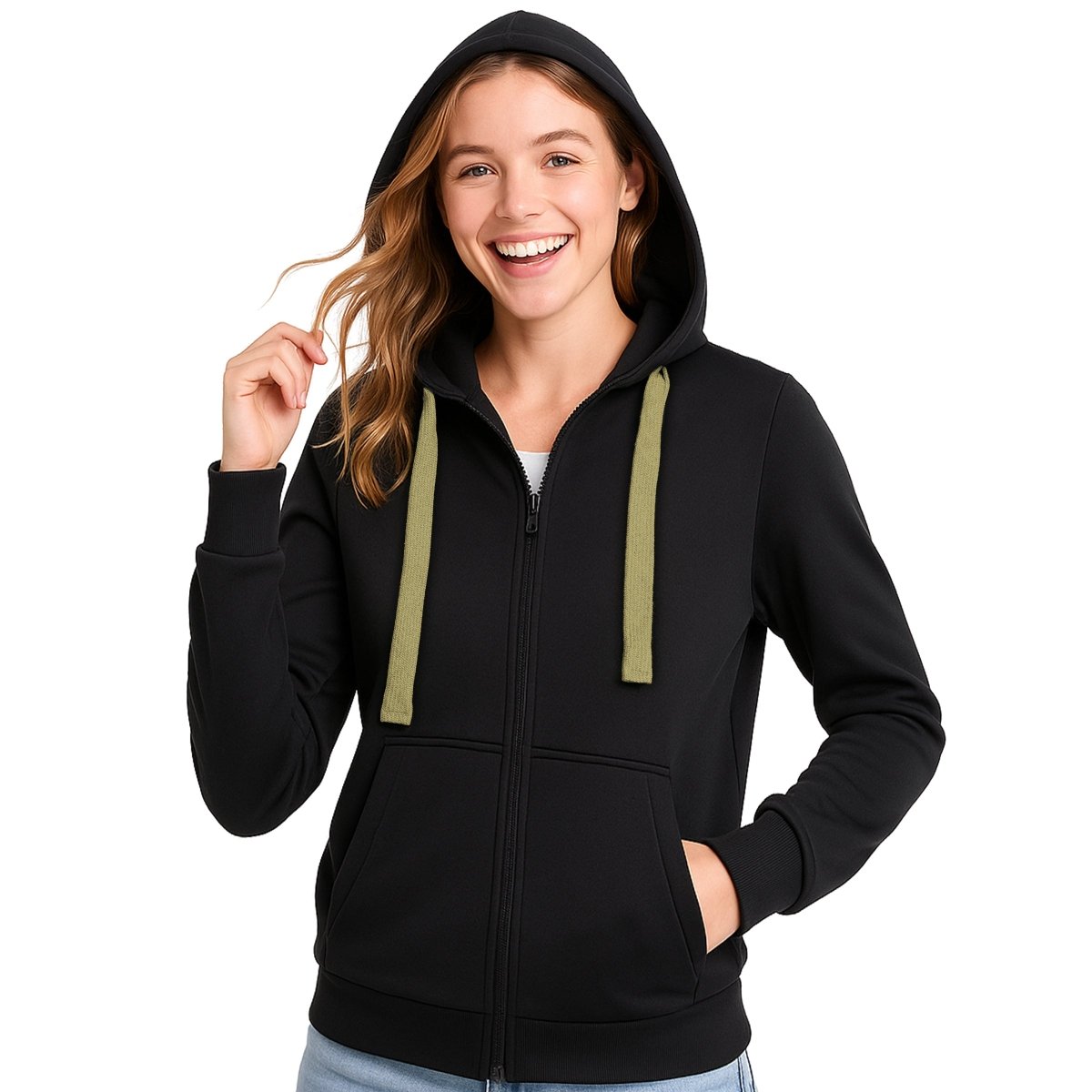 "ladies wonder zip hoodie in Black with green savannah, model front – Big Bee Workwear"