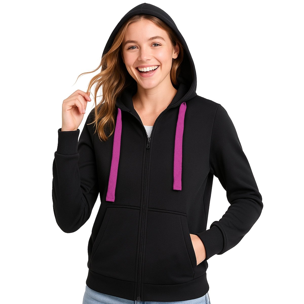 "ladies wonder zip hoodie in Black with pink magenta, model front – Big Bee Workwear"