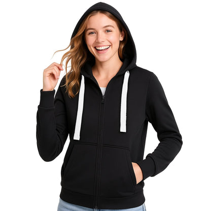 "ladies wonder zip hoodie in Black with white, model front – Big Bee Workwear"