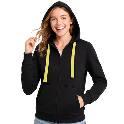 "ladies wonder zip hoodie in Black with yellow, model front – Big Bee Workwear"