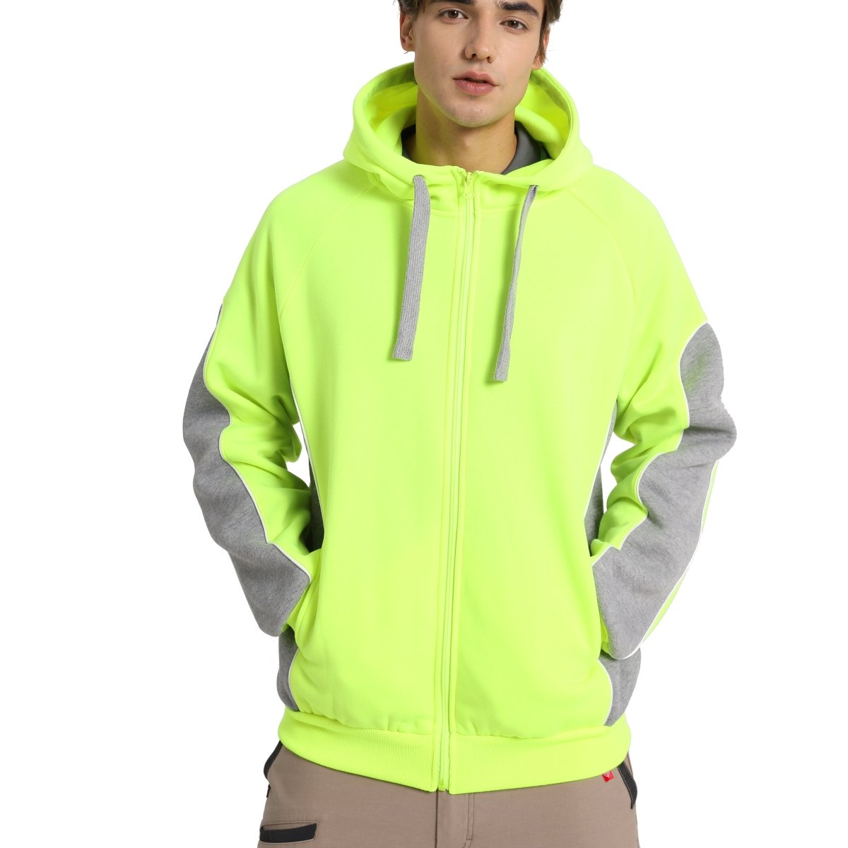 "Panel Zip-Up Hi-Vis Work Hoodie in yellow grey, model front – Big Bee Workwear"