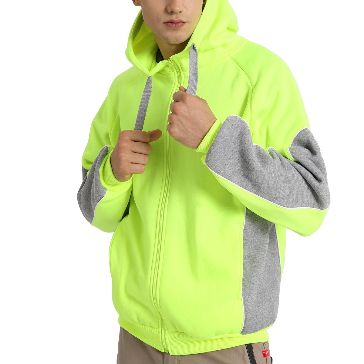 "Panel Zip-Up Hi-Vis Work Hoodie in yellow grey, model posed – Big Bee Workwear"
