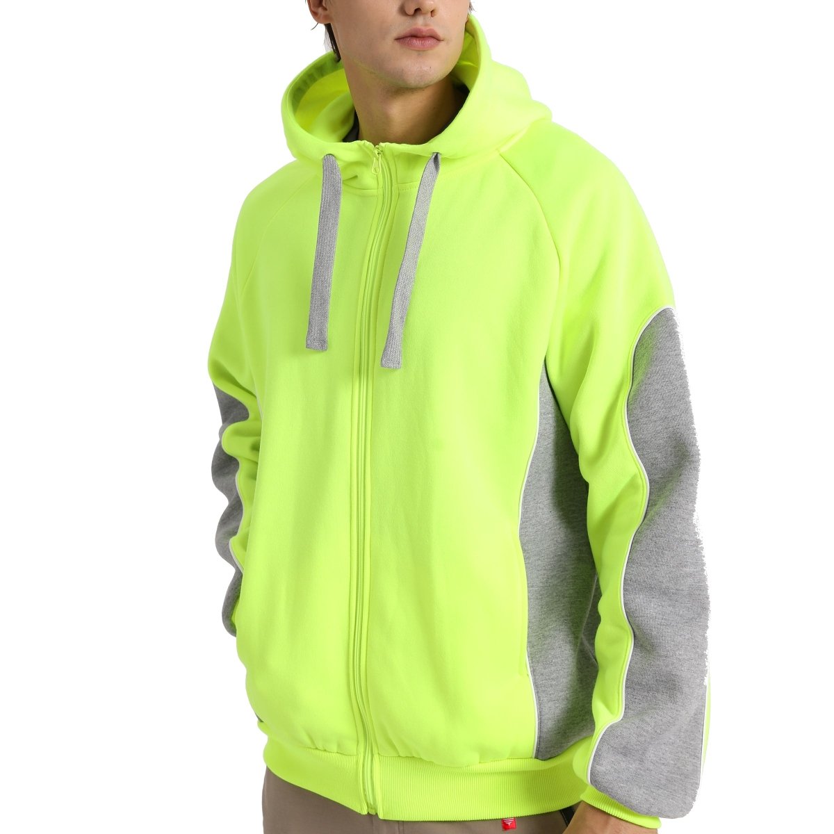 "Panel Zip-Up Hi-Vis Work Hoodie in yellow grey, model front angle – Big Bee Workwear"