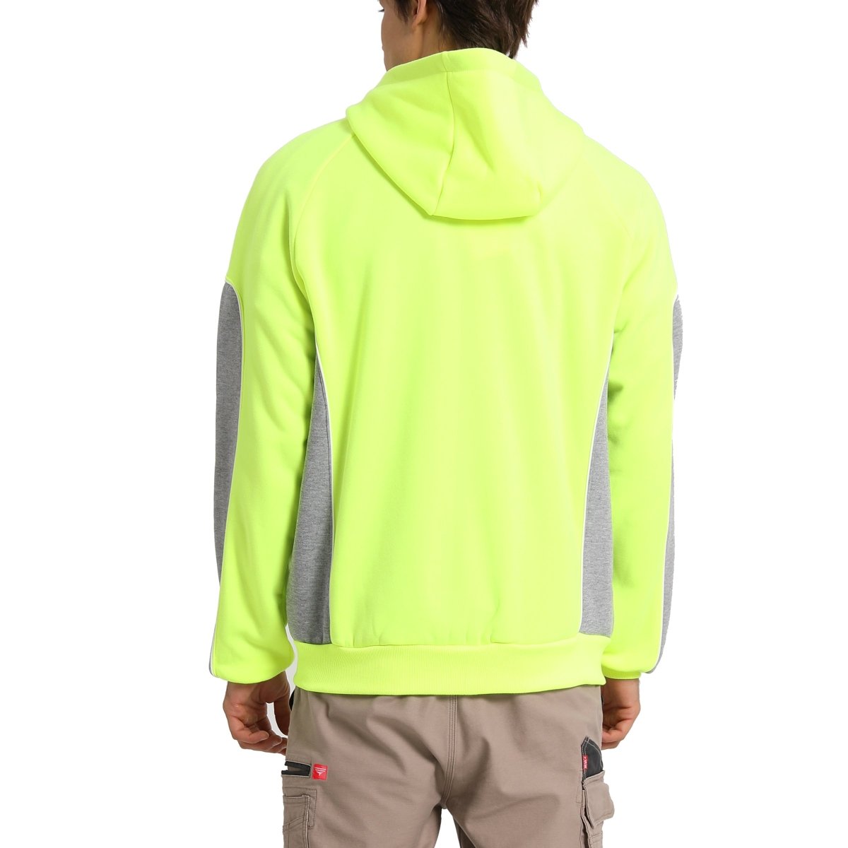 "Panel Zip-Up Hi-Vis Work Hoodie in yellow grey, model back – Big Bee Workwear"