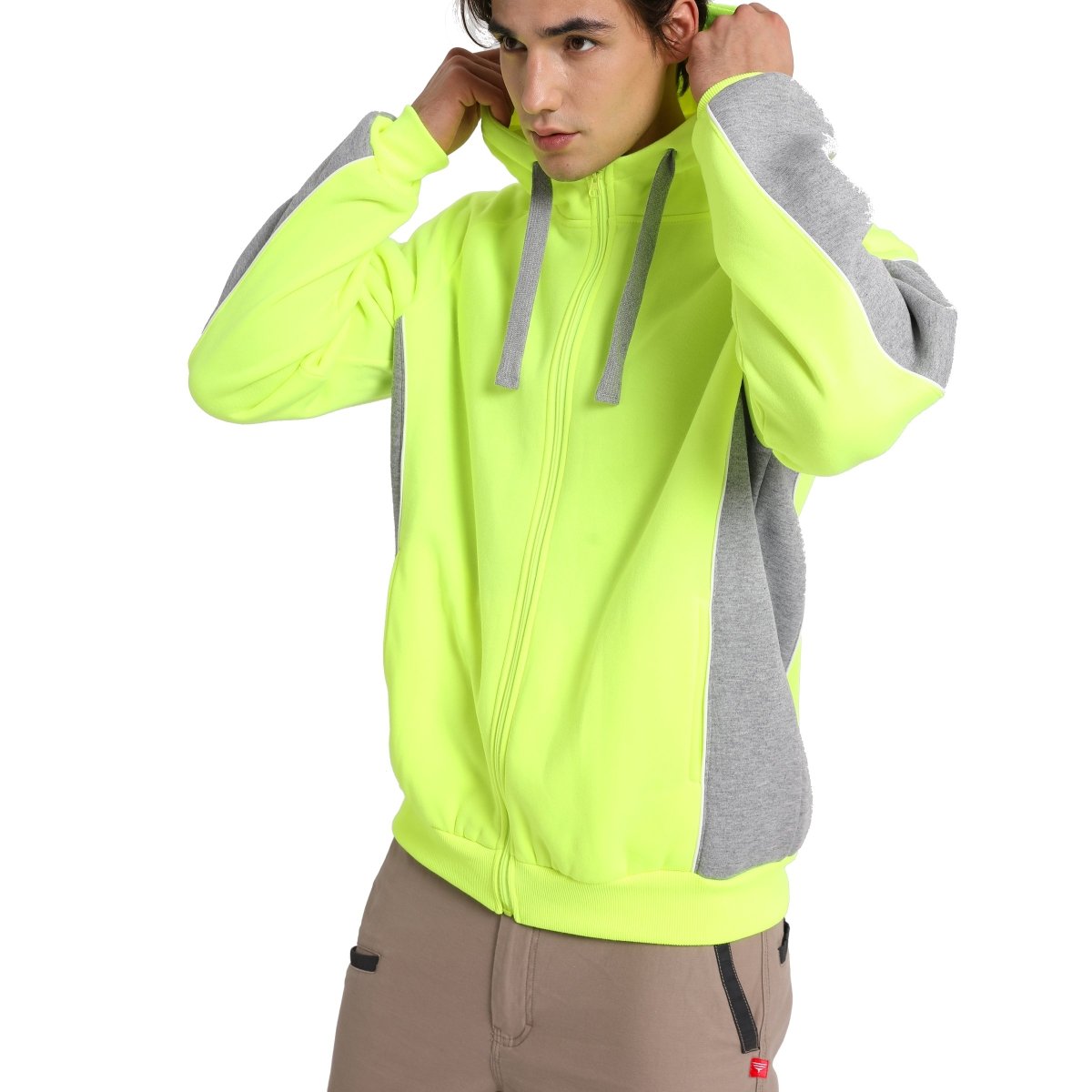 "Panel Zip-Up Hi-Vis Work Hoodie in yellow grey, model side – Big Bee Workwear"
