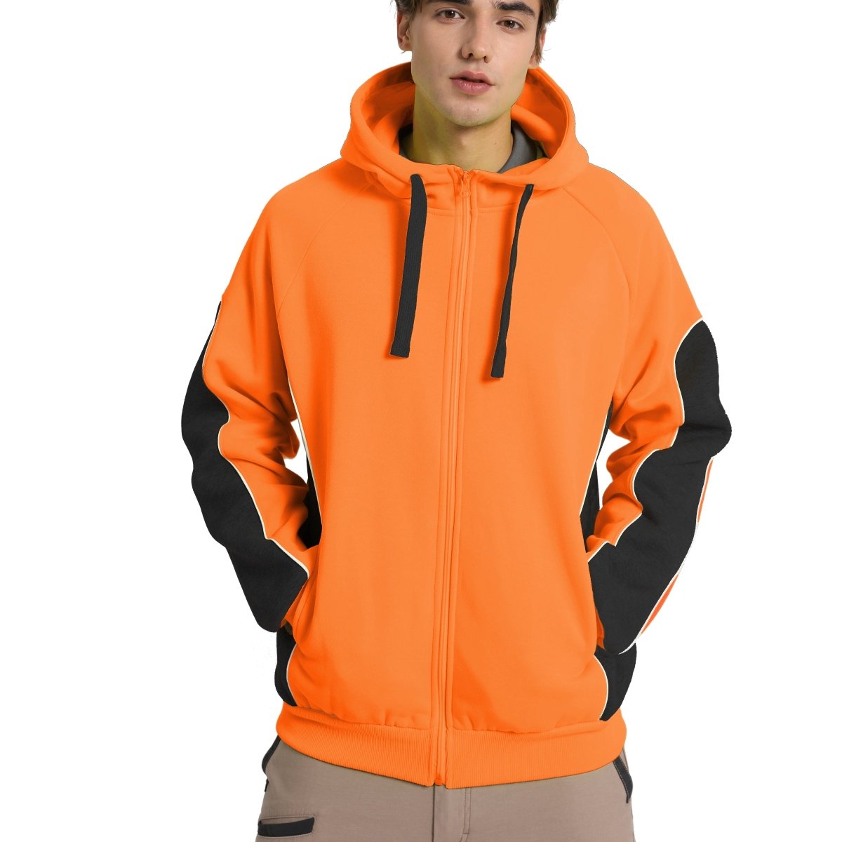 "Panel Zip-Up Hi-Vis Work Hoodie in orange black, model posed – Big Bee Workwear"