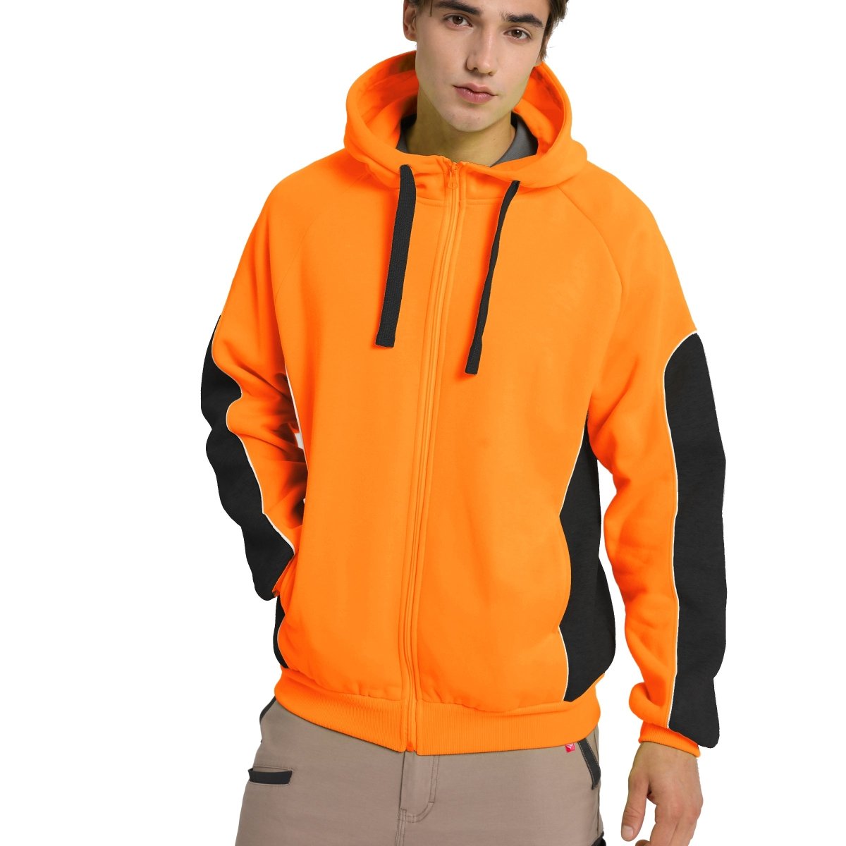 "Panel Zip-Up Hi-Vis Work Hoodie in orange black, model front – Big Bee Workwear"