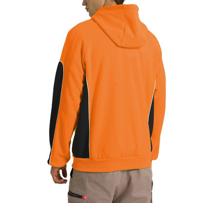 "Panel Zip-Up Hi-Vis Work Hoodie in orange black, model back angle – Big Bee Workwear"