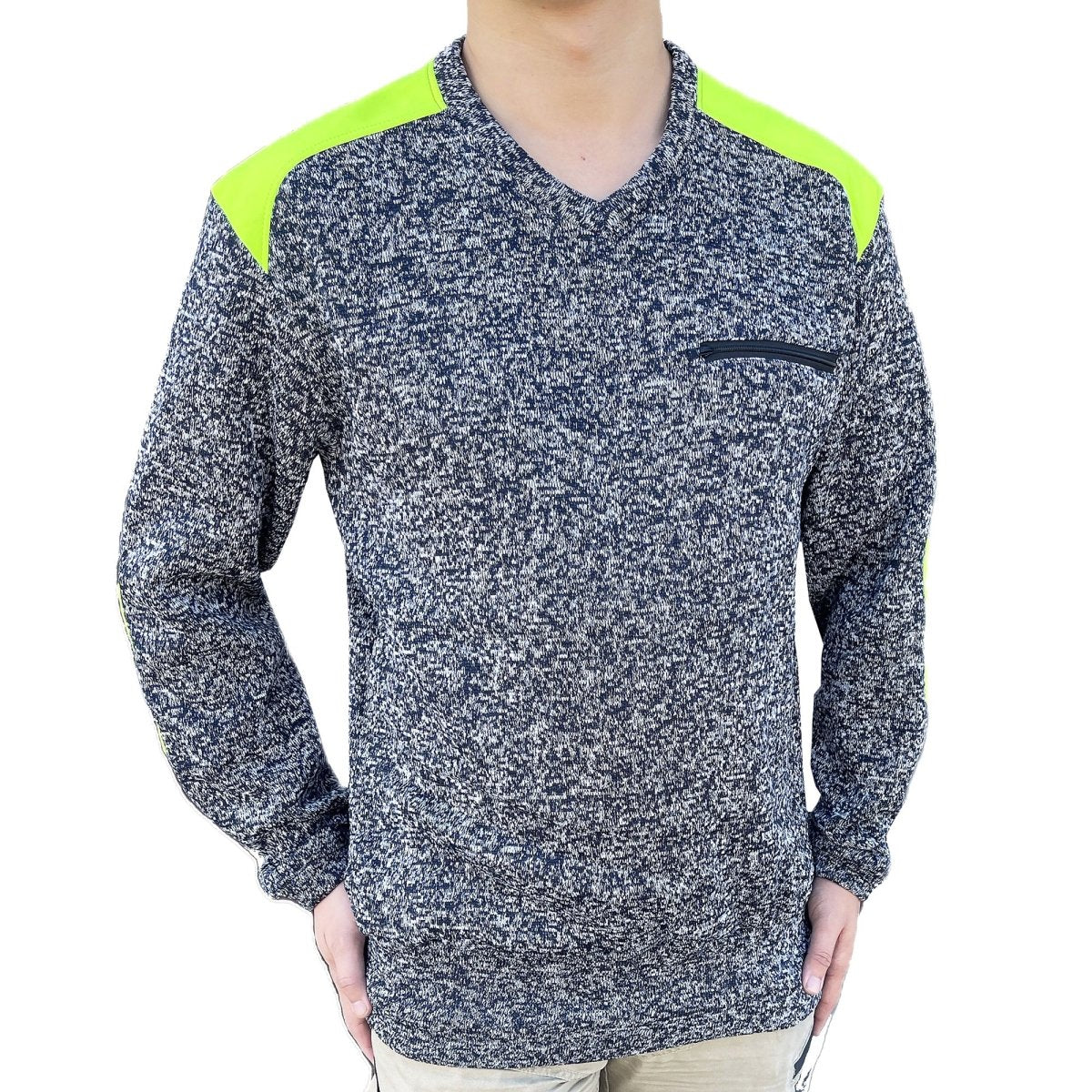 "V-Neck Work jumper in yellow navy, Fleece, model in action – Big Bee Workwear"