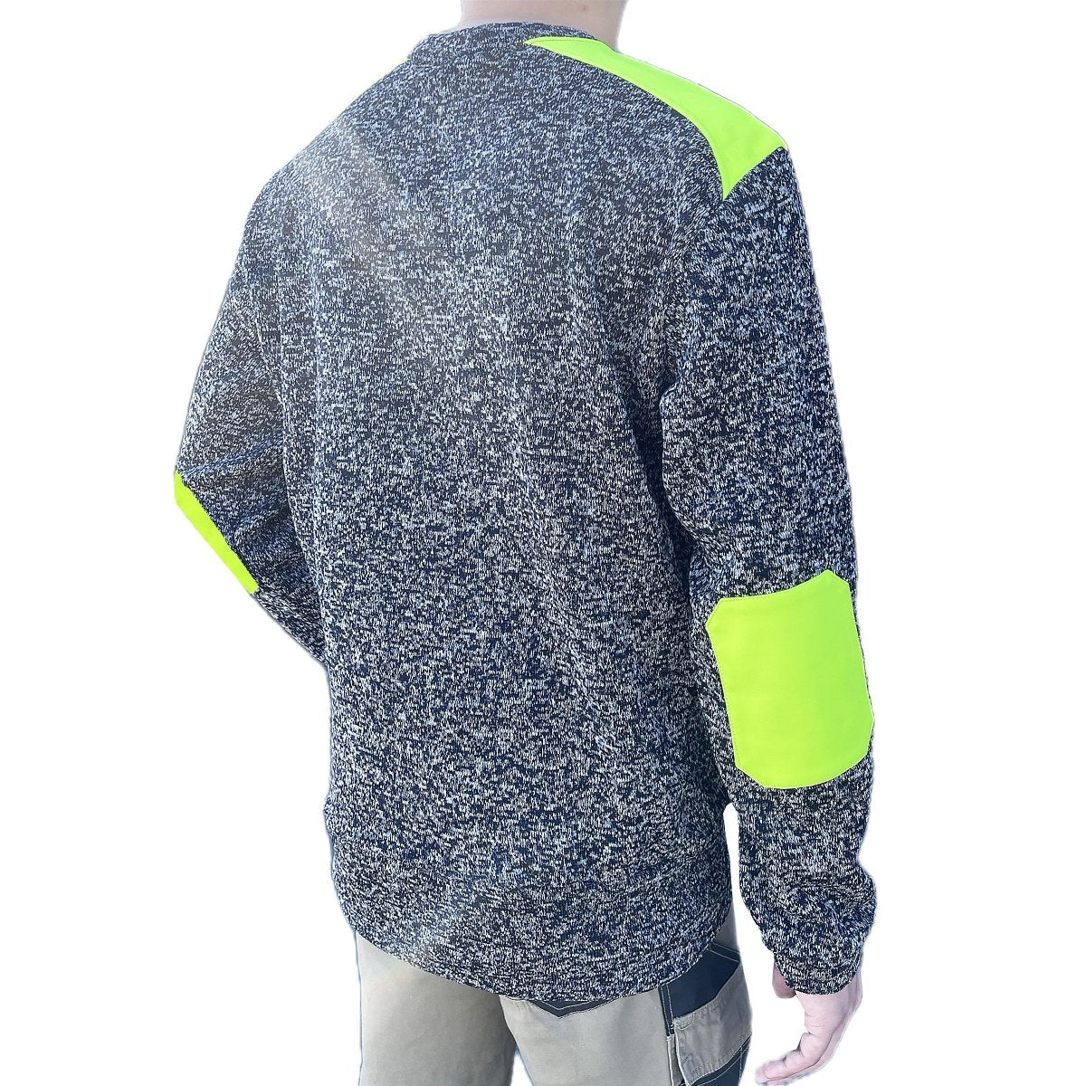 "V-Neck Work jumper in yellow navy, Fleece, model back angle – Big Bee Workwear"