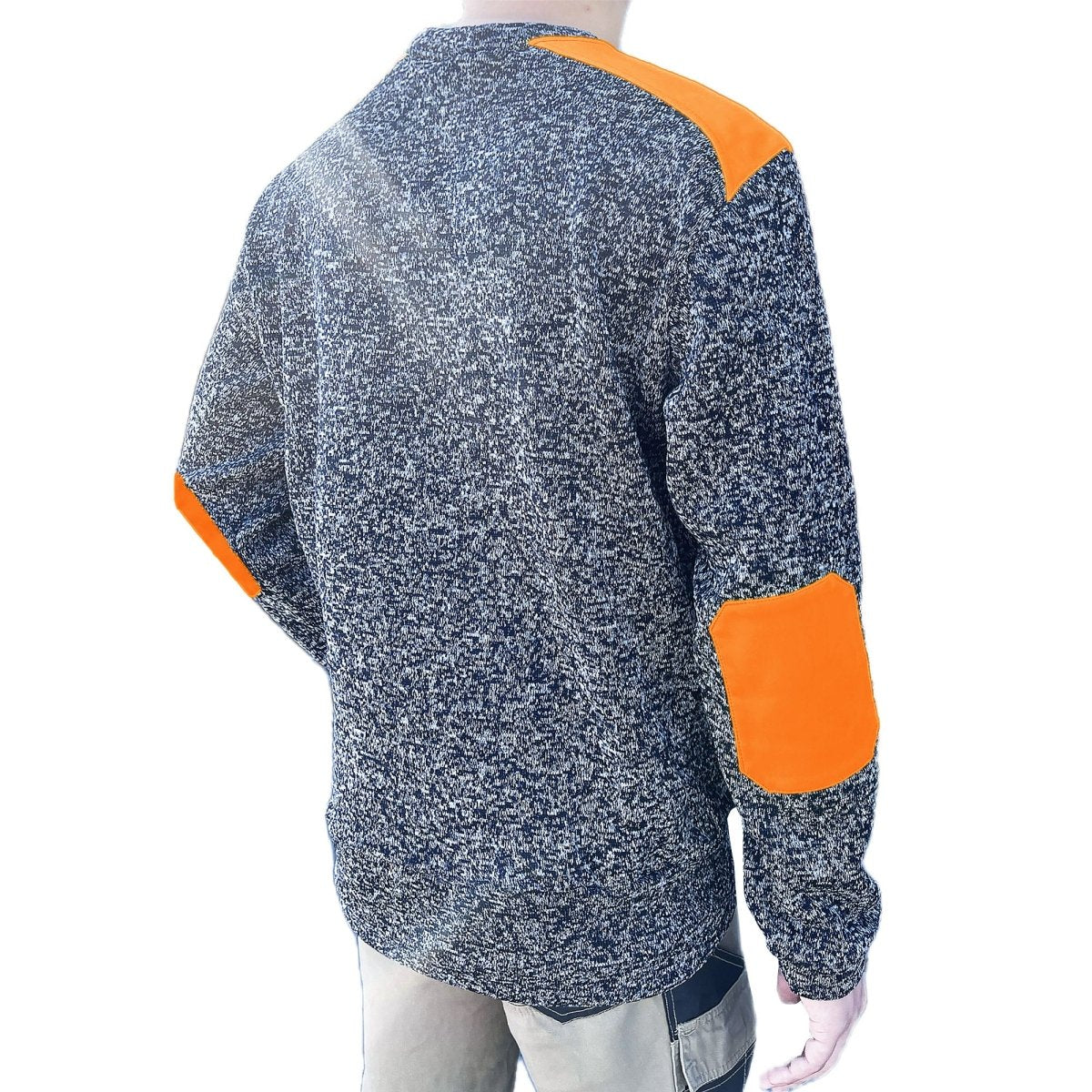 "V-Neck Work jumper in orange navy, Fleece, model back – Big Bee Workwear"