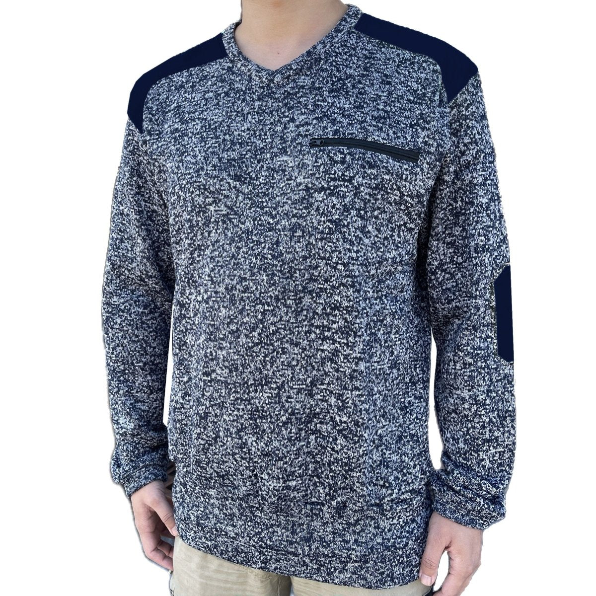 "V-Neck Work jumper in Navy Blue, Fleece, model front – Big Bee Workwear"