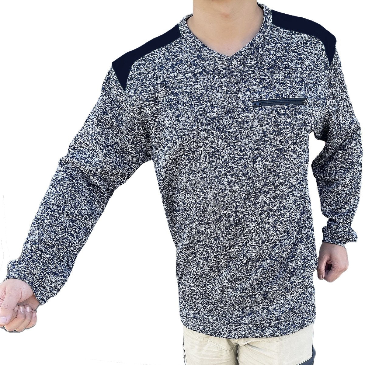 "V-Neck Work jumper in Navy Blue, Fleece, model posed – Big Bee Workwear"