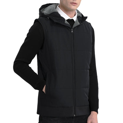 "essential puffer vest in black, model side – ISUSI"