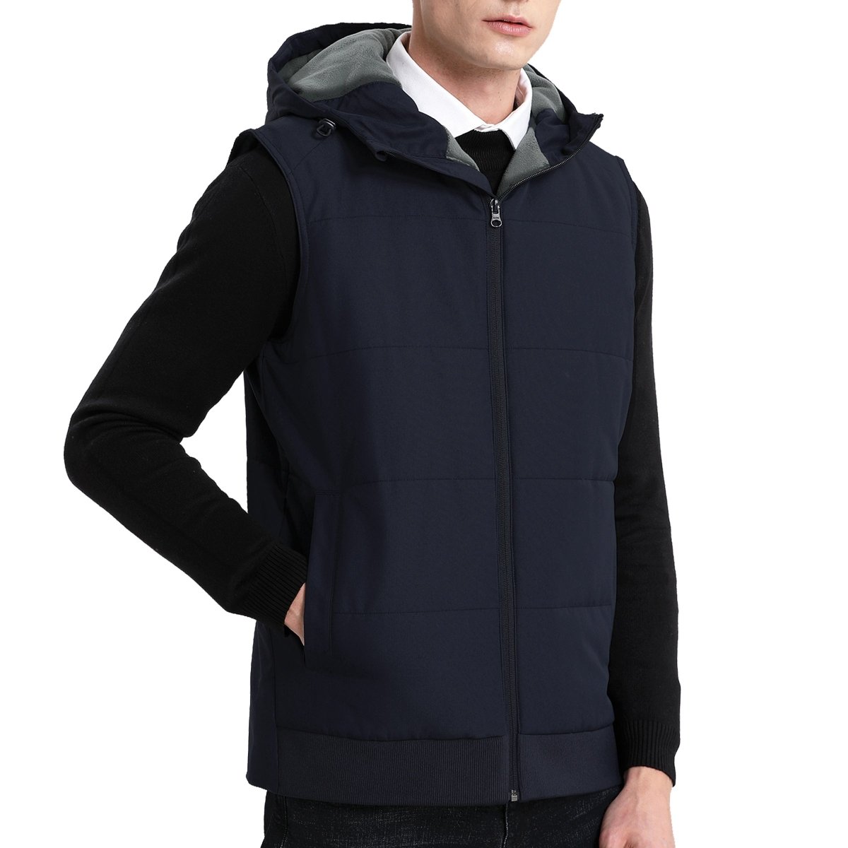 "essential puffer vest in blue-navy, model side – ISUSI"