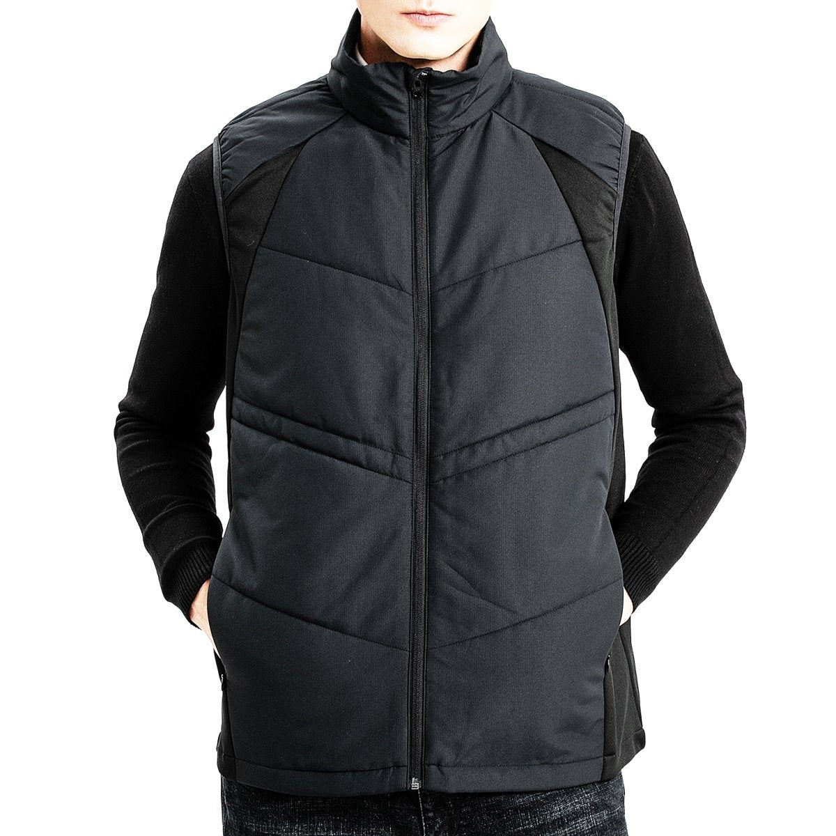 "elite puffer vest in black, model front – ISUSI"