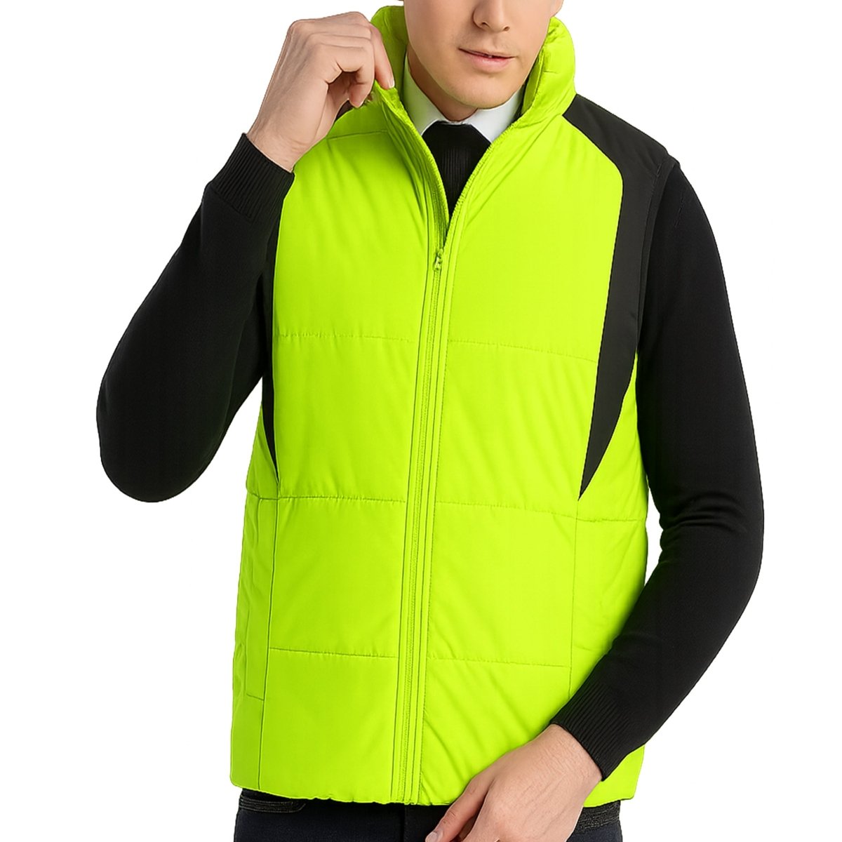 "strike puffer vest in yellow, model front – ISUSI"