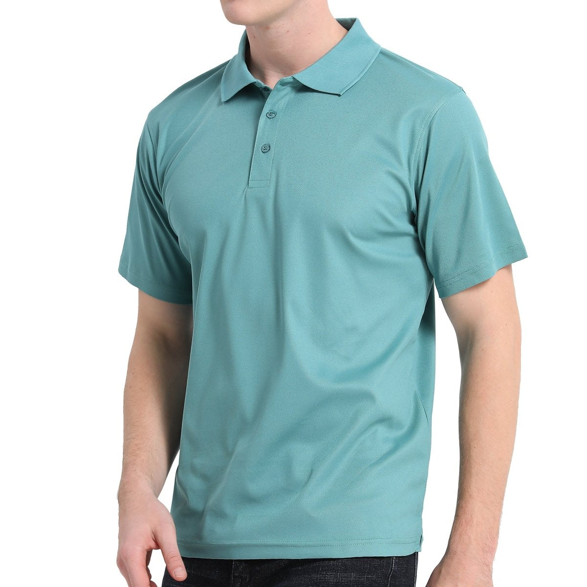 "Men’s Plain polo shirt in Teal Green, Short Sleeve, model side – Big Bee Workwear"