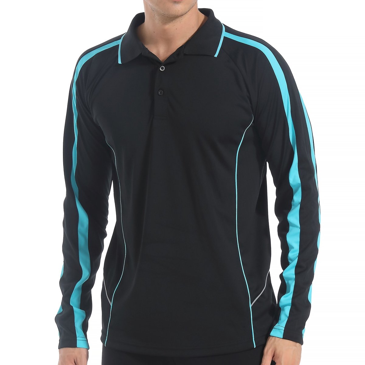 "flow polo shirt in Black with Aqua Blue, model front – Big Bee Workwear"